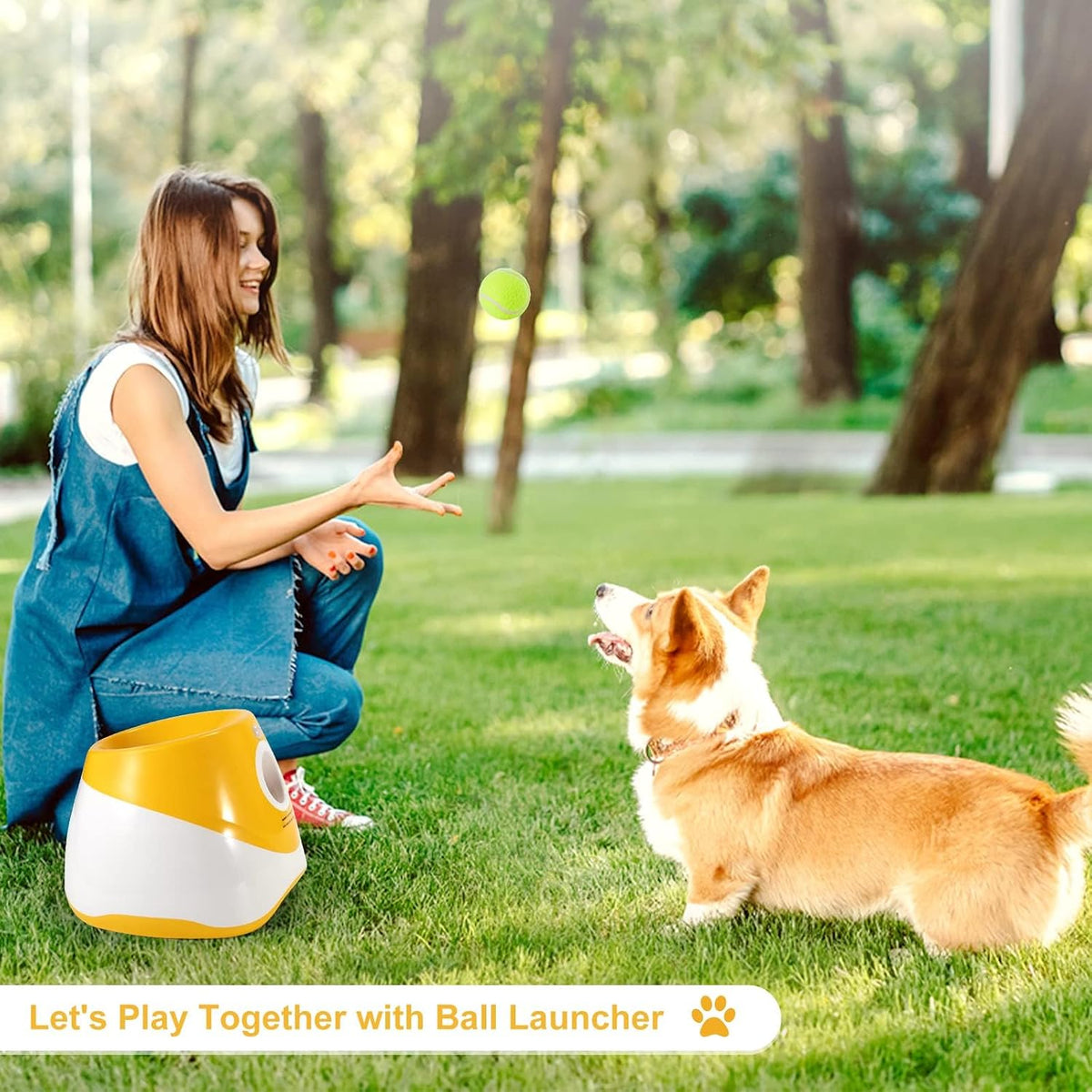 Automatic Dog Ball Launcher, Dog Ball Thrower with 15 Mini Tennis Balls Sizing 2 Inch and Mesh Bag, Interactive Dogs Toys Tennis Balls Launcher for Small Dogs with 3 Distance Settings