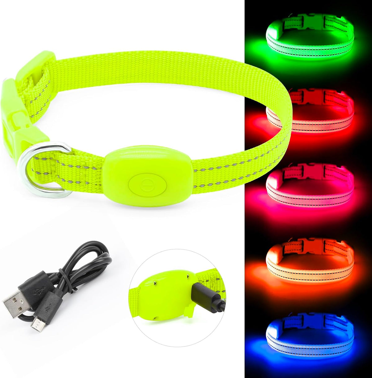 Adjustable LED Dog & Cat Collar - Rechargeable, Small Breeds, Green, 8.5-11.8 Inches, Nylon, Lightweight, Reflective, 2 Flash Modes